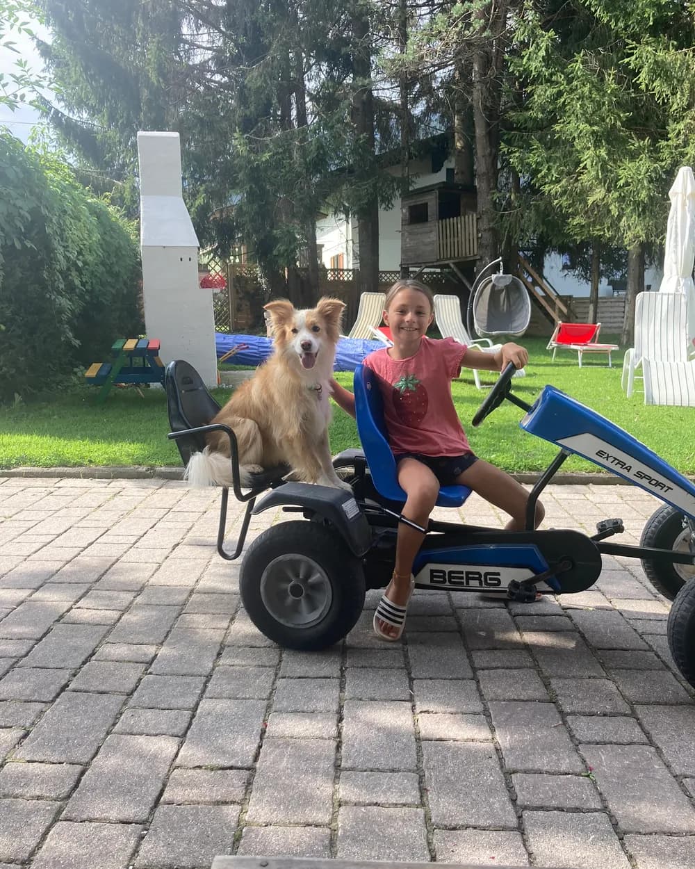 Girl with a dog on a go-kart at the Kasparbauer holiday farm